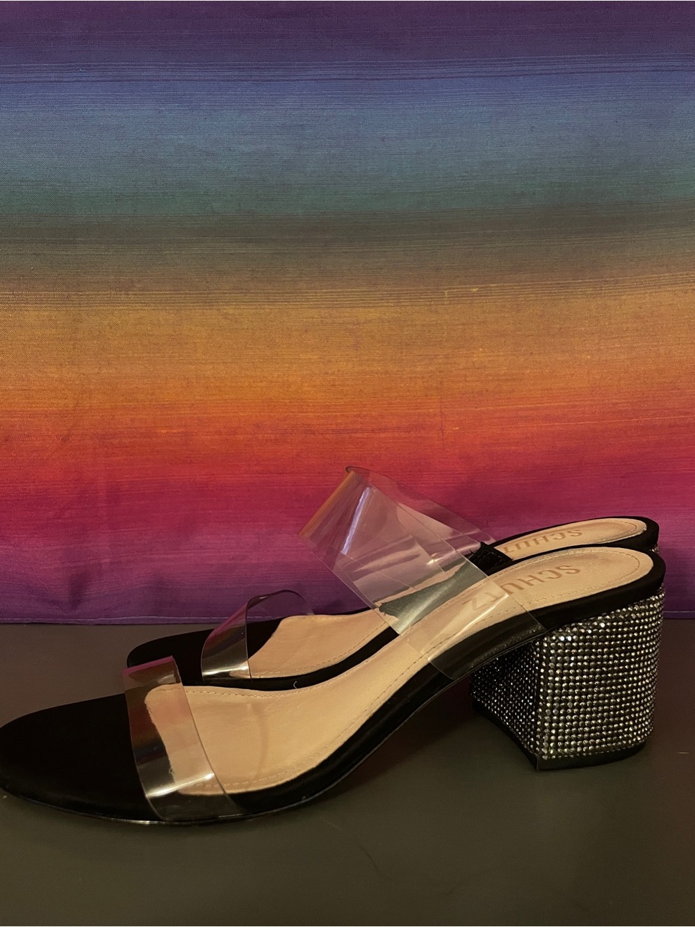 Schutz Ariellen Clear Vinyl Rhinestone Block Heel Sandals Black 6.5B